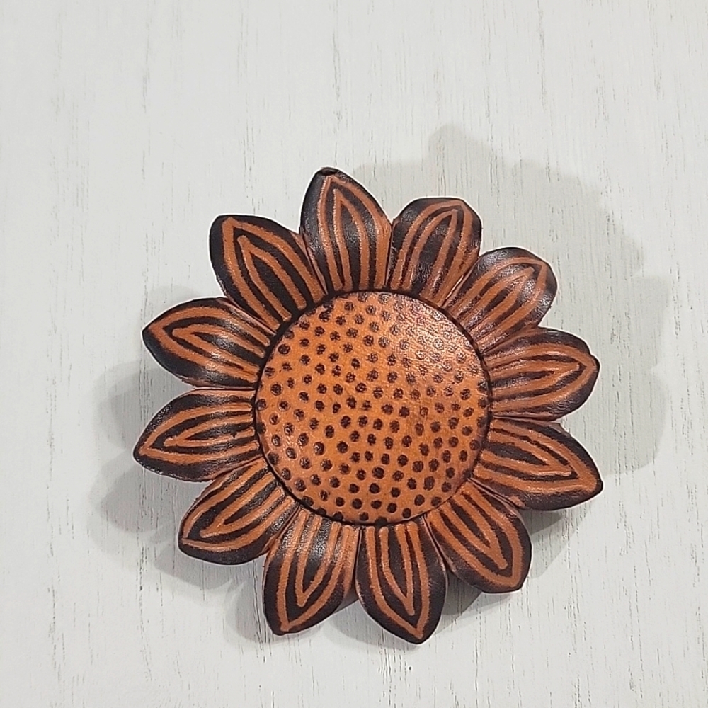 Sunflower Tooled Leather Artisan Vintage Brooch